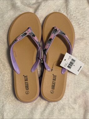 Ashley Blue Lavender Beaded Flip Flop Sandals with Multi-Accent Beading